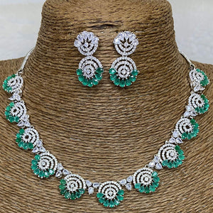 Silver Plated Dark Green CZ Cubic Zirconia Artificial American Diamond Indian Wedding Bridal Necklace Earrings set Handmade Bijoux