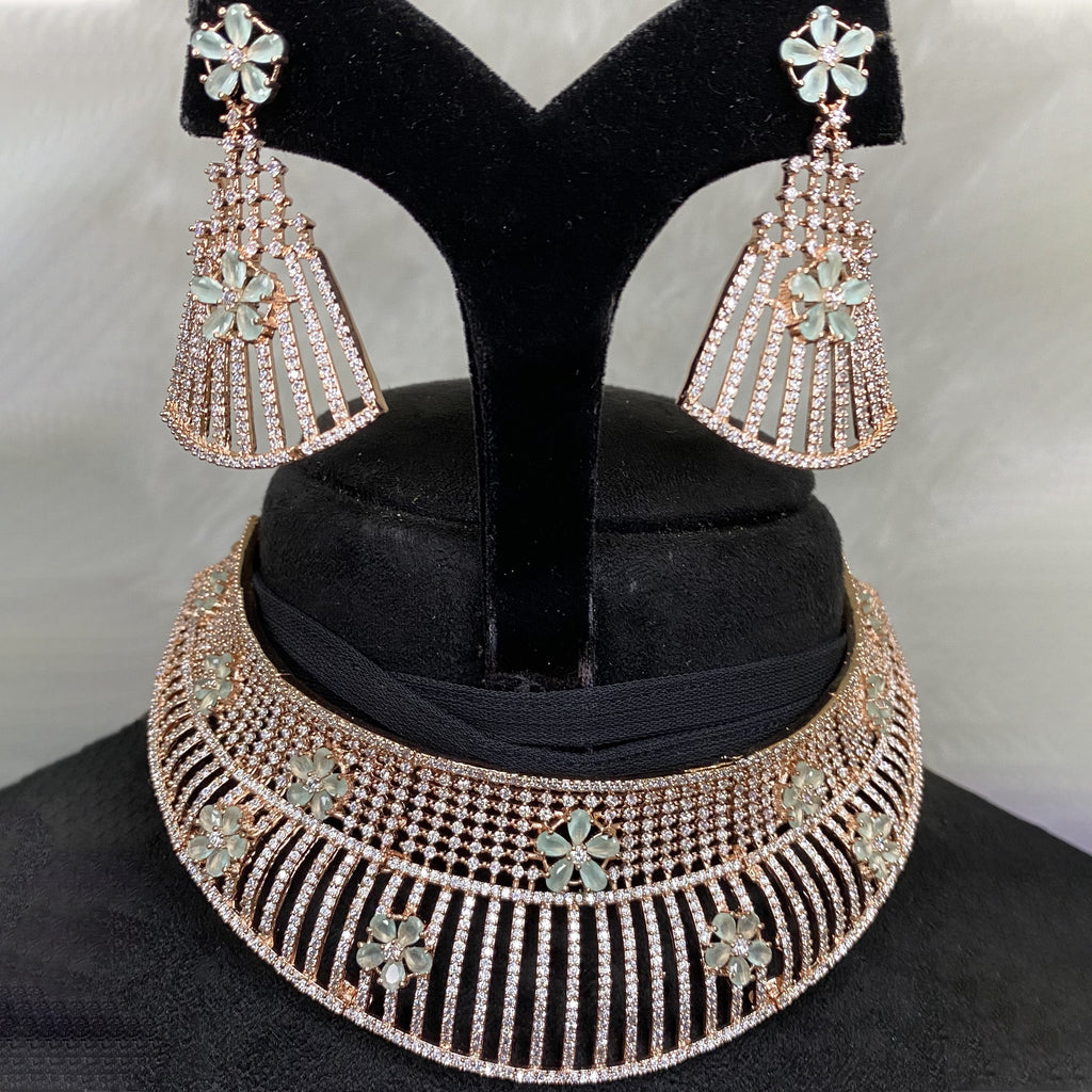 Rose Gold Plated Mint Green CZ Cubic Zirconia Artificial American Diamond Indian Wedding Bridal Necklace Earrings set Handmade Bijoux