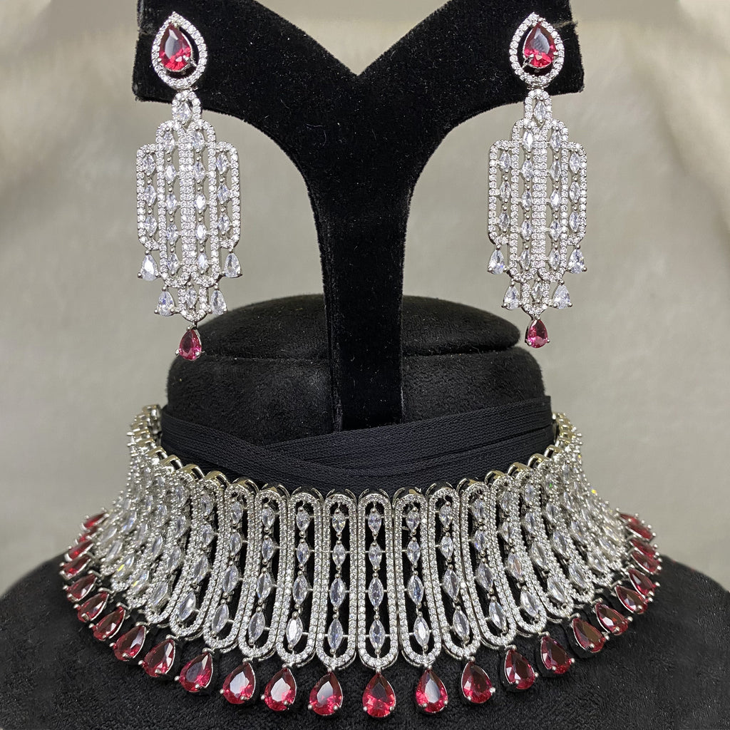 Silver Red Ruby CZ Cubic Zirconia Designer Artificial American Diamond Indian Wedding Bridal Necklace Earring set Handmade Bijoux