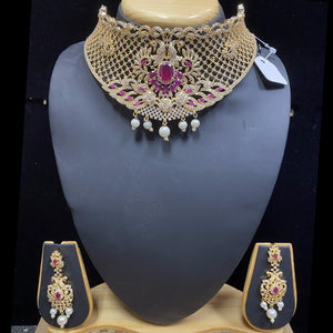 Gold Plated Red Ruby CZ Cubic Zirconia Designer Artificial American Diamond Indian Wedding Bridal Necklace Earrings Handmade Bijoux
