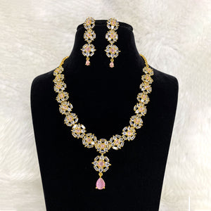 Gold Plated Pink Designer CZ Cubic Zirconia Artificial American Diamond Indian Wedding Bridal Necklace Earrings Handmade Bijoux