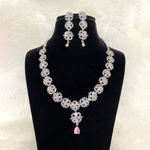 Silver Plated Pink Designer CZ Cubic Zirconia Artificial American Diamond Indian Wedding Bridal Necklace Earrings Handmade Bijoux