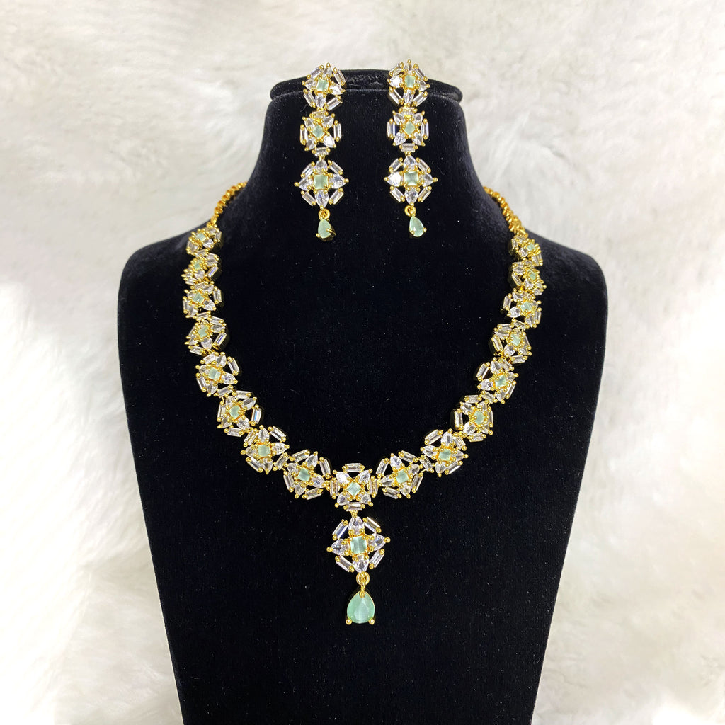 Gold Plated Mint Green Designer CZ Cubic Zirconia Artificial American Diamond Indian Wedding Bridal Necklace Earrings Handmade Bijoux