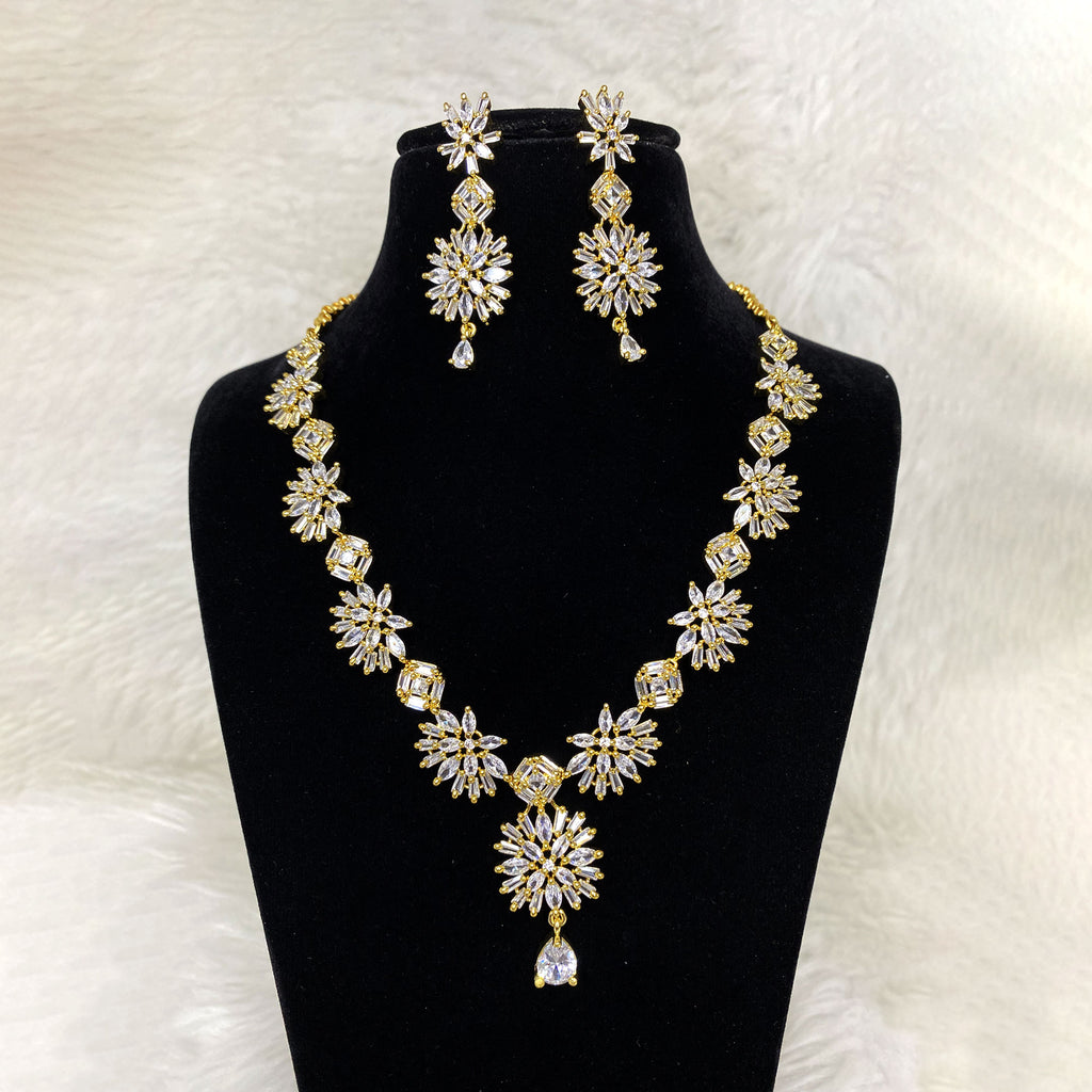 Gold Plated Clear Designer CZ Cubic Zirconia Artificial American Diamond Indian Wedding Bridal Necklace Earrings Handmade Bijoux