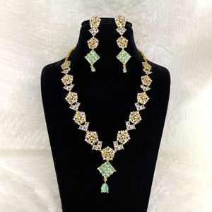 Gold Plated Mint Green Designer CZ Cubic Zirconia Artificial American Diamond Indian Wedding Bridal Necklace Earrings Handmade Bijoux