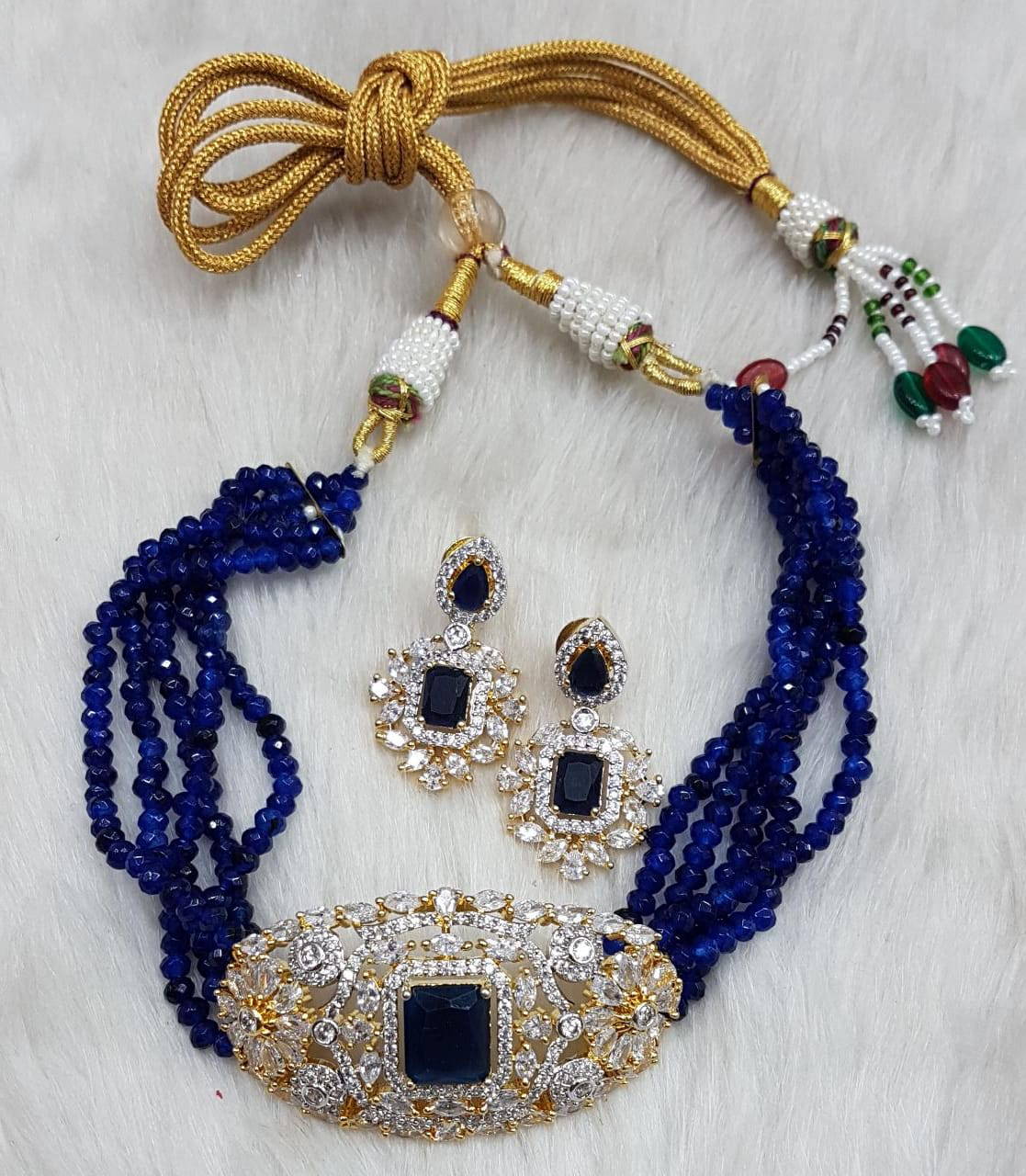 NP 2568 Gold Sapphire Blue Beaded Indian Wedding Choker Mani