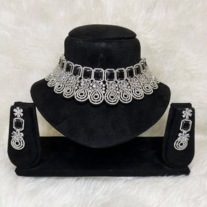 Silver Plated Black Onyx CZ Cubic Zirconia Designer Artificial American Diamond Indian Wedding Bridal Necklace Handmade Bijoux