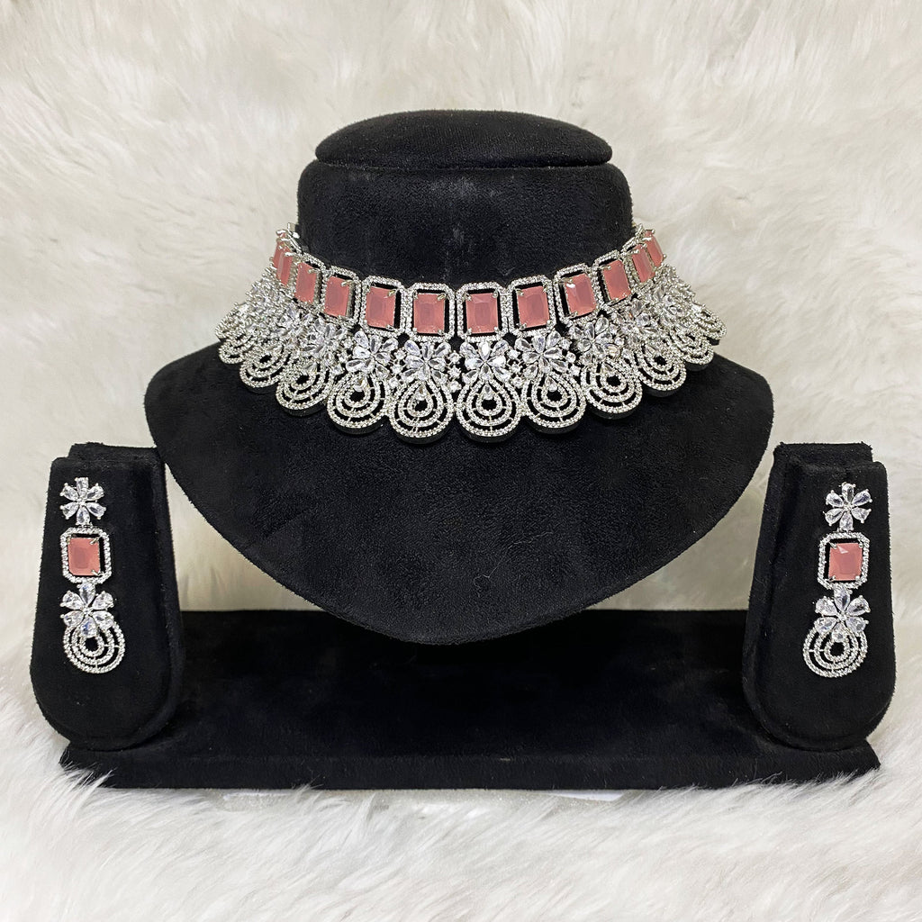 Silver Plated Pink CZ Cubic Zirconia Designer Artificial American Diamond Indian Wedding Bridal Necklace Handmade Bijoux