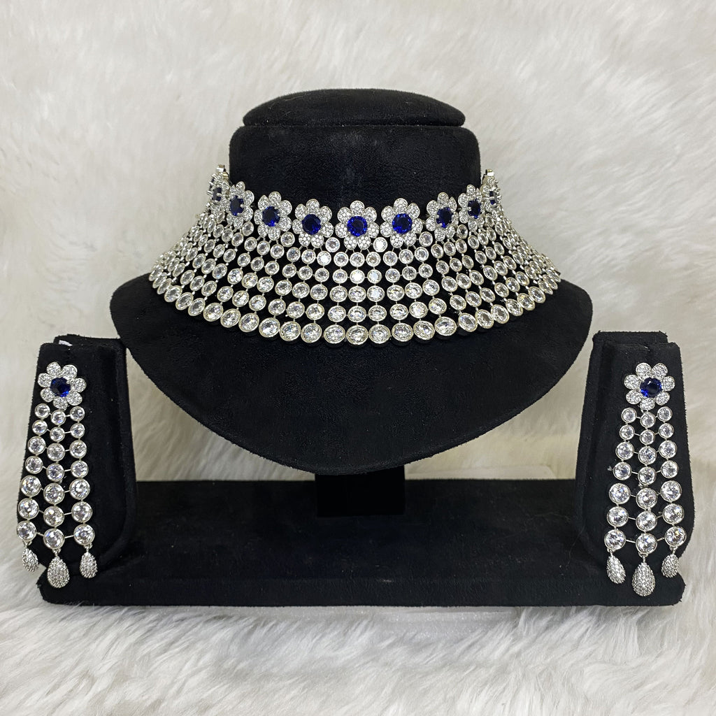 Silver Plated Sapphire Blue CZ Cubic Zirconia Designer Artificial American Diamond Indian Wedding Bridal Necklace Handmade Bijoux