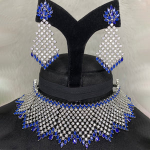 Silver Plated Blue Sapphire CZ Cubic Zirconia Designer Artificial American Diamond Indian Wedding Bridal Necklace Handmade Bijoux