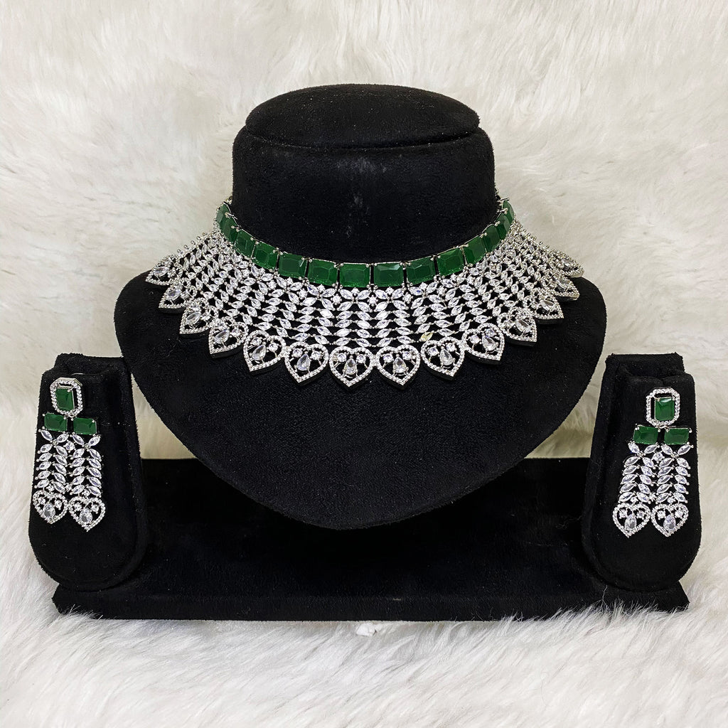 Silver Plated Dark Green CZ Cubic Zirconia Designer Artificial American Diamond Indian Wedding Bridal Necklace Handmade Bijoux