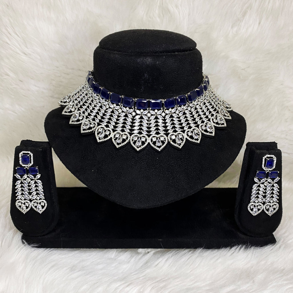 Silver Plated Blue Sapphire CZ Cubic Zirconia Designer Artificial American Diamond Indian Wedding Bridal Necklace Handmade Bijoux