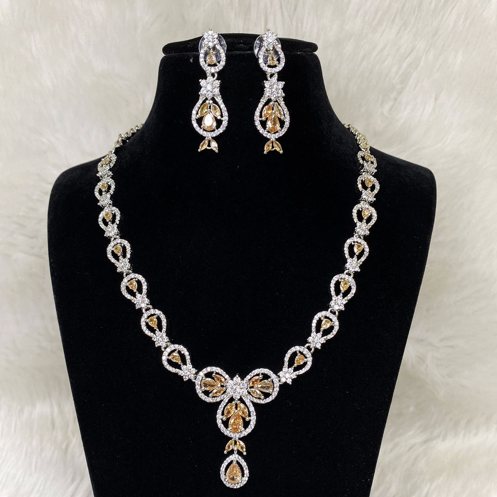 Silver Plated Citrine Champagne Designer CZ Cubic Zirconia American Diamond Indian Wedding Bridal Necklace Earrings Handmade Bijoux