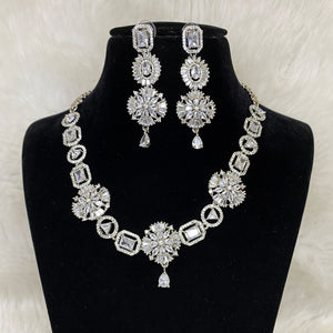Silver Plated Clear White Designer CZ Cubic Zirconia American Diamond Indian Wedding Bridal Necklace Earrings Handmade Bijoux