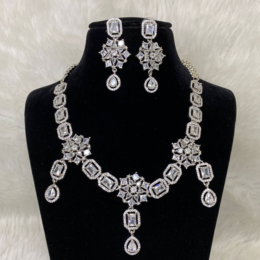 Silver Plated Clear White Designer CZ Cubic Zirconia American Diamond Indian Wedding Bridal Necklace Earrings Handmade Bijoux