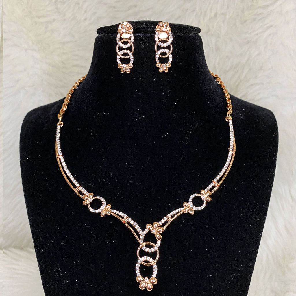 Rose Gold Plated Clear Designer CZ Cubic Zirconia Artificial American Diamond Indian Wedding Bridal Necklace Earrings Handmade Bijoux