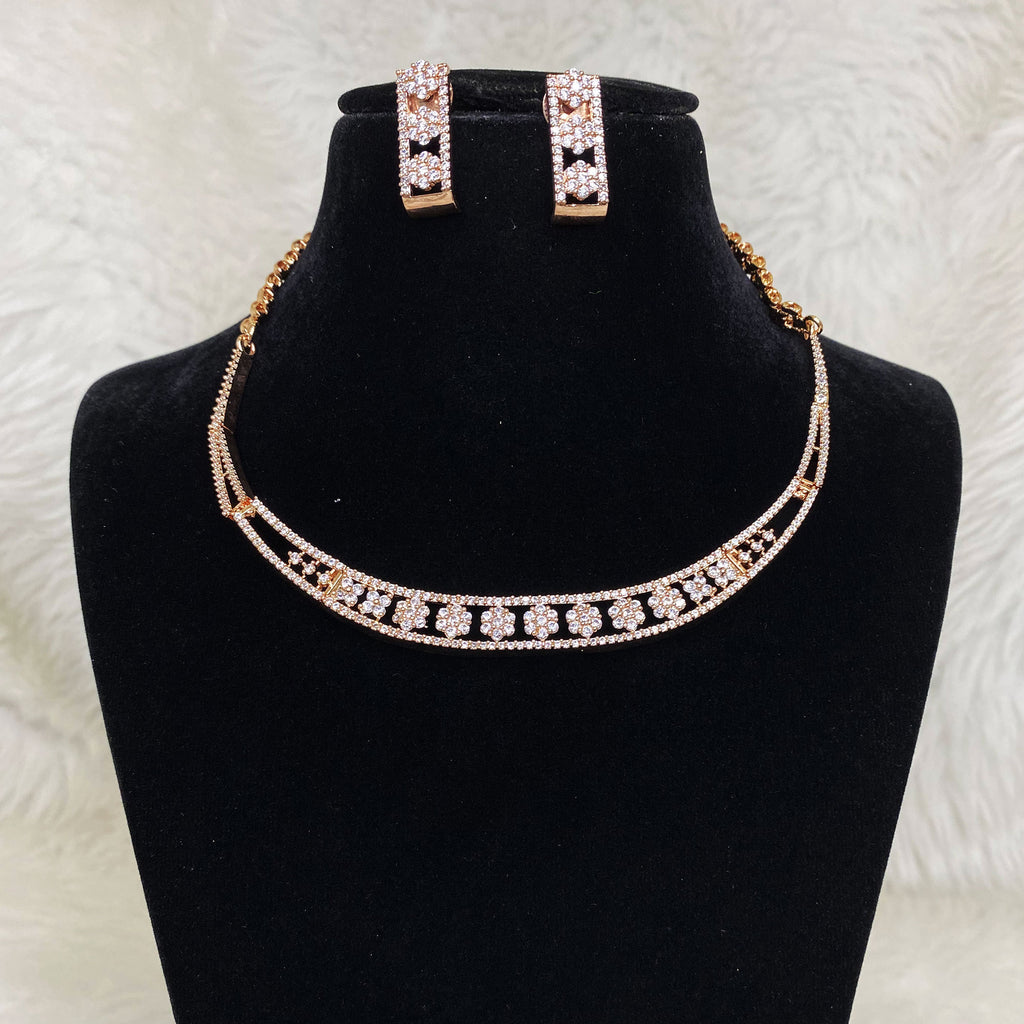 Rose Gold Plated Clear Designer CZ Cubic Zirconia Artificial American Diamond Indian Wedding Bridal Necklace Earrings Handmade Bijoux