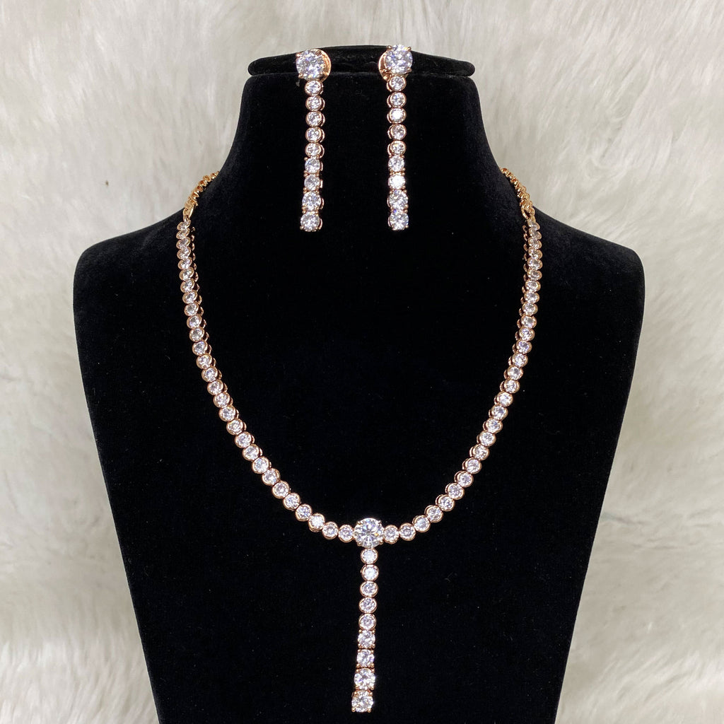 Rose Gold Plated Clear Designer CZ Cubic Zirconia Artificial American Diamond Indian Wedding Bridal Necklace Earrings Handmade Bijoux