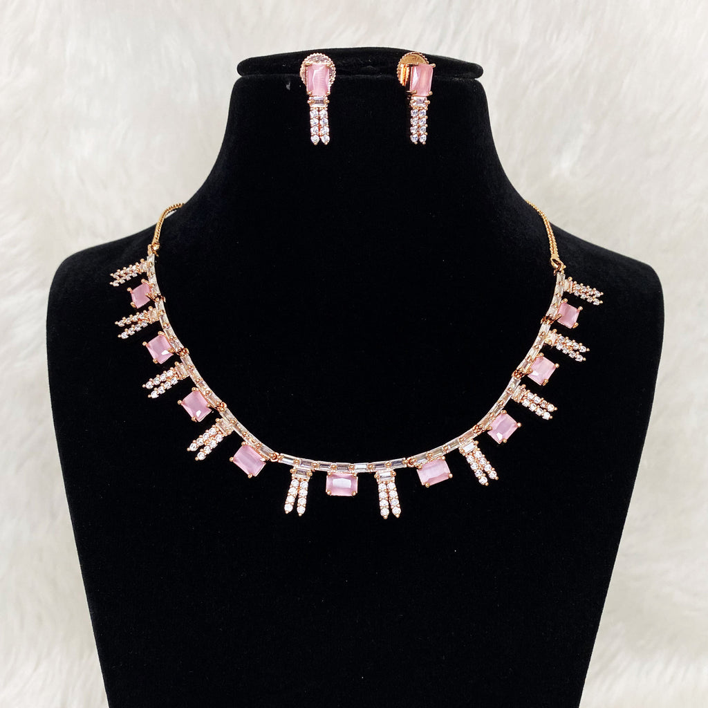 Rose Gold Plated Pink Designer CZ Cubic Zirconia Artificial American Diamond Indian Wedding Bridal Necklace Earring Handmade Bijoux