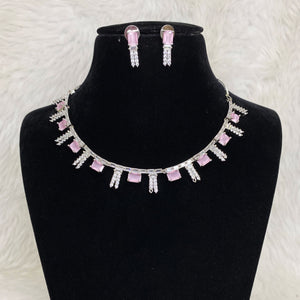 Silver Plated Pink CZ Cubic Zirconia Artificial American Diamond Indian Wedding Bridal Necklace Earrings set Handmade Bijoux