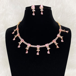 Rose Gold Plated Pink Designer CZ Cubic Zirconia Artificial American Diamond Indian Wedding Bridal Necklace Earring Handmade Bijoux