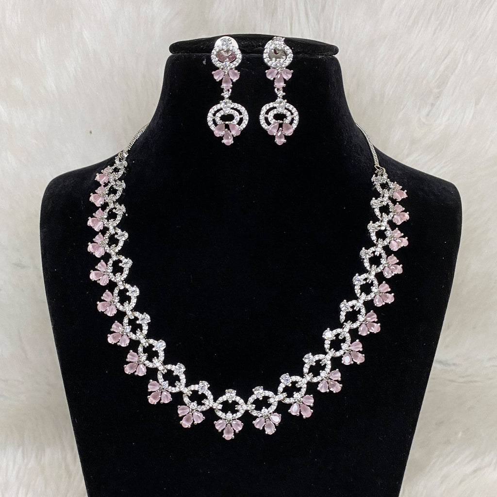 Silver Plated Pink Designer CZ Cubic Zirconia Artificial American Diamond Indian Wedding Bridal Necklace Earring Handmade Bijoux