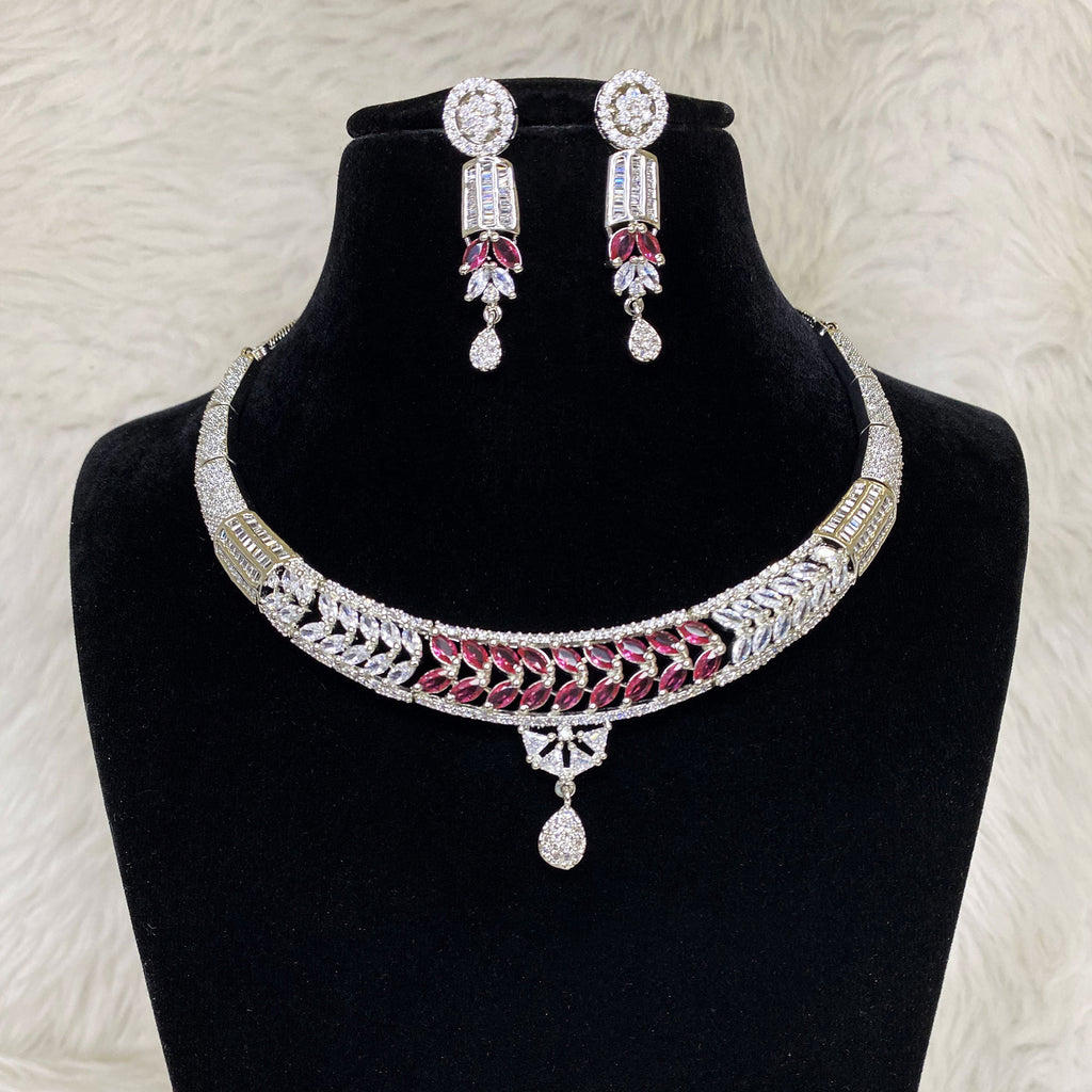 Silver Plated Ruby Red CZ Cubic Zirconia Designer Artificial American Diamond Indian Wedding Bridal Necklace Handmade Bijoux