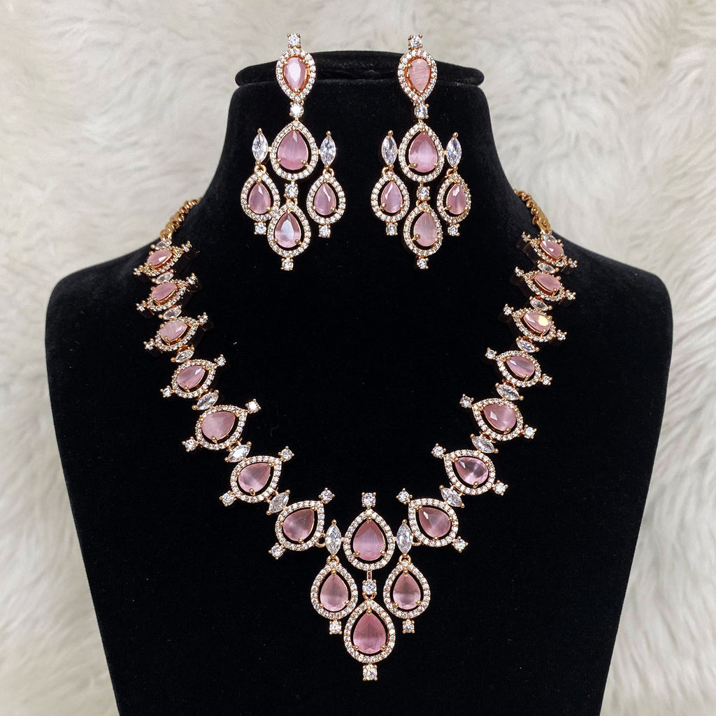 Rose Gold Plated Pink Designer CZ Cubic Zirconia Artificial American Diamond Indian Wedding Bridal Necklace Earring Handmade Bijoux