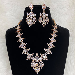 Rose Gold Plated Clear Designer CZ Cubic Zirconia Artificial American Diamond Indian Wedding Bridal Necklace Earrings Handmade Bijoux