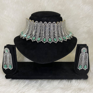 Silver Plated Mint Green CZ Cubic Zirconia Artificial American Diamond Indian Wedding Bridal Necklace Earrings set Handmade Bijoux