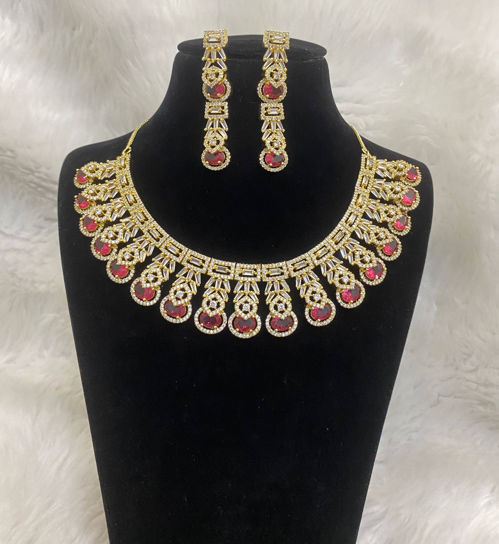 Gold Plated Red Ruby Designer CZ Cubic Zirconia Artificial American Diamond Indian Wedding Bridal Necklace Earrings Handmade Bijoux