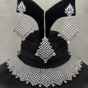 Silver Plated Pink CZ Cubic Zirconia Artificial American Diamond Indian Wedding Bridal Necklace Earrings Tikka set Handmade