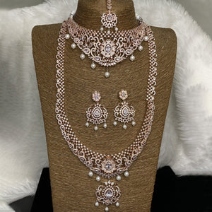 Rose Gold Plated White Clear Designer CZ Cubic Zirconia American Diamond Indian Wedding Bridal Necklace Earrings Handmade Bijoux