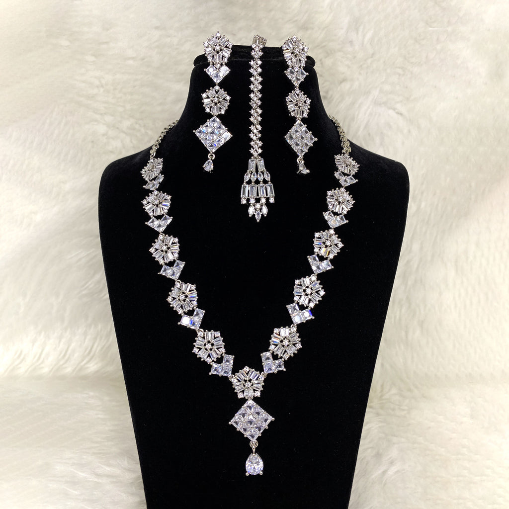 Silver Plated Clear Designer CZ Cubic Zirconia Artificial American Diamond Indian Wedding Bridal Necklace Earrings Handmade Bijoux