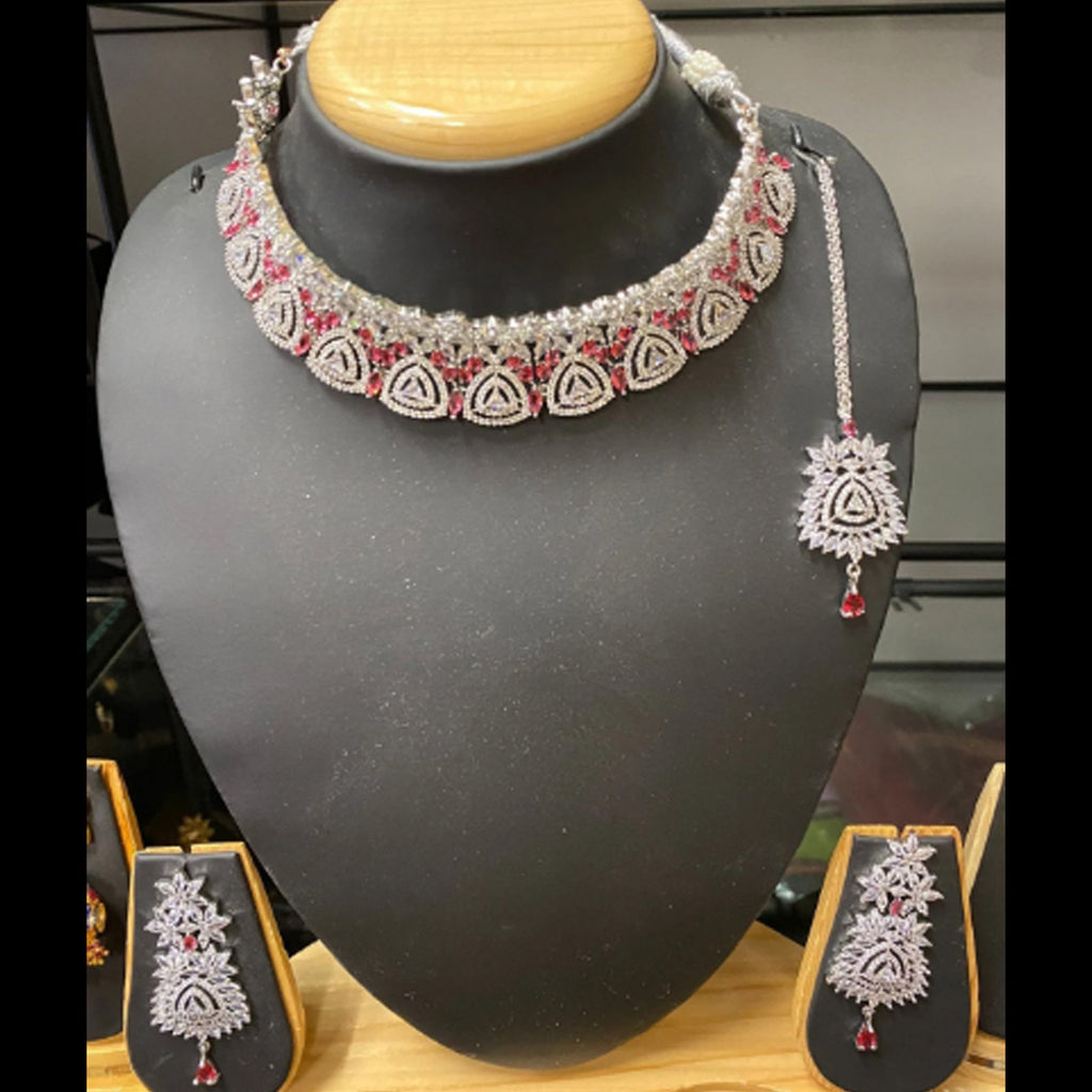 Silver Plated Red Ruby CZ Cubic Zirconia Designer Artificial American Diamond Indian Wedding Bridal Necklace Earring Handmade