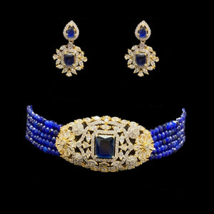 Gold Sapphire Blue Beaded Indian Wedding Choker Mani Necklace Set Art nouveau Artificial Diamond CZ Cubic Zirconia Kundan Bijoux Wedding Bridal Necklace