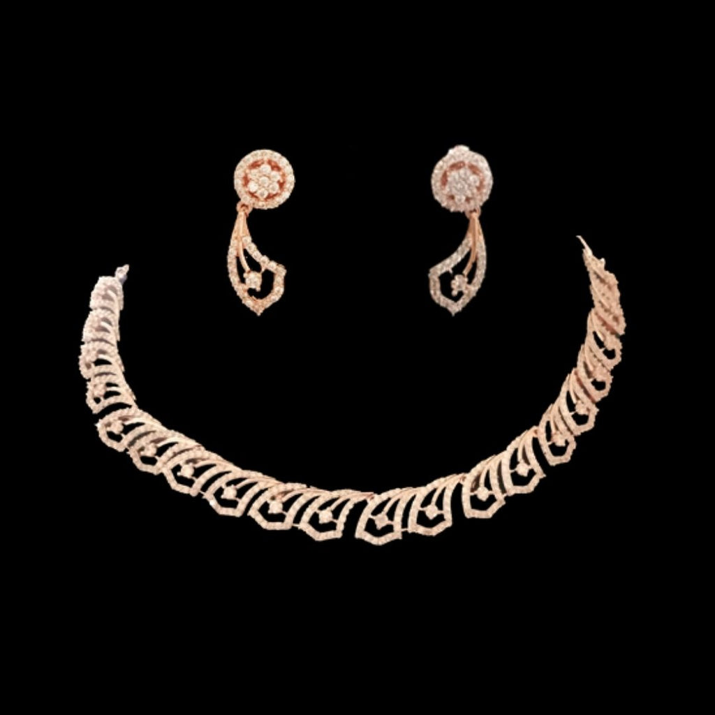 Rose Gold Plated Clear Designer CZ Cubic Zirconia Artificial American Diamond Indian Wedding Bridal Necklace Earring Handmade Bijoux