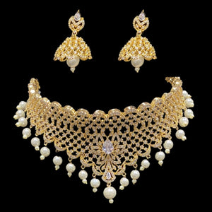 Gold Plated Clear designer CZ Cubic Zirconia Artificial American Diamond Indian Wedding Bridal Necklace Earrings set Handmade Bijoux