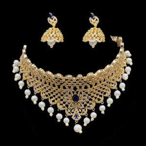 Gold Plated Sapphire Blue CZ Cubic Zirconia Artificial American Diamond Indian Wedding Bridal Necklace Earrings set Handmade Bijoux