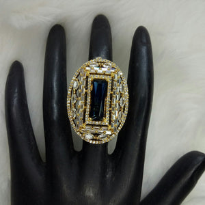 Gold Plated Blue Sapphire Adjustable CZ Cubic Zirconia Unique Design Shape Imitation Ring Indian Bridal Wedding Bijoux