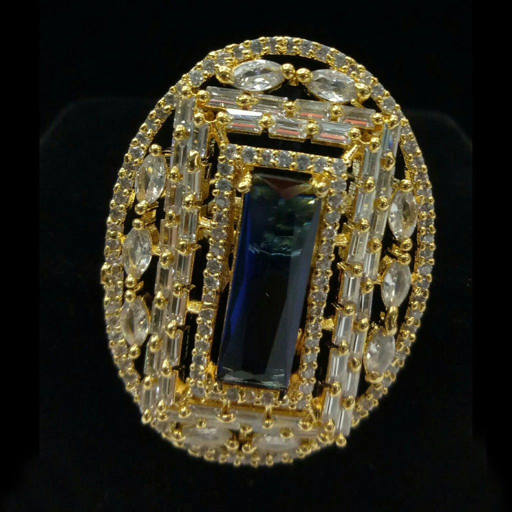 Gold Plated Blue Sapphire Adjustable CZ Cubic Zirconia Unique Design Shape Imitation Ring Indian Bridal Wedding Bijoux