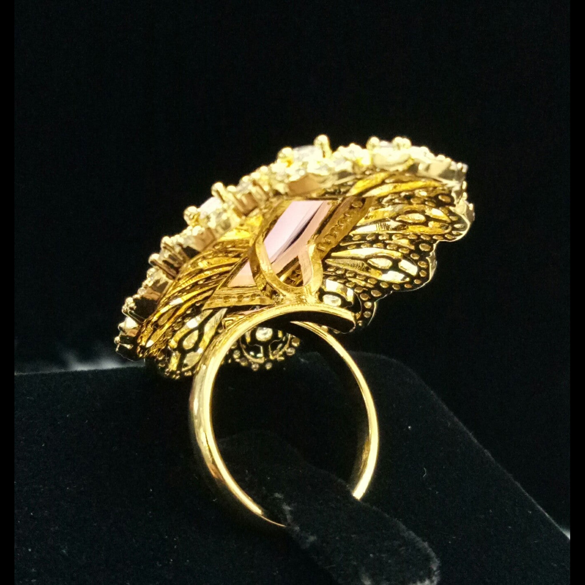 Gold Plated Pink Adjustable CZ Cubic Zirconia Unique Design Shape Imitation Ring Indian Bridal Wedding Bijoux