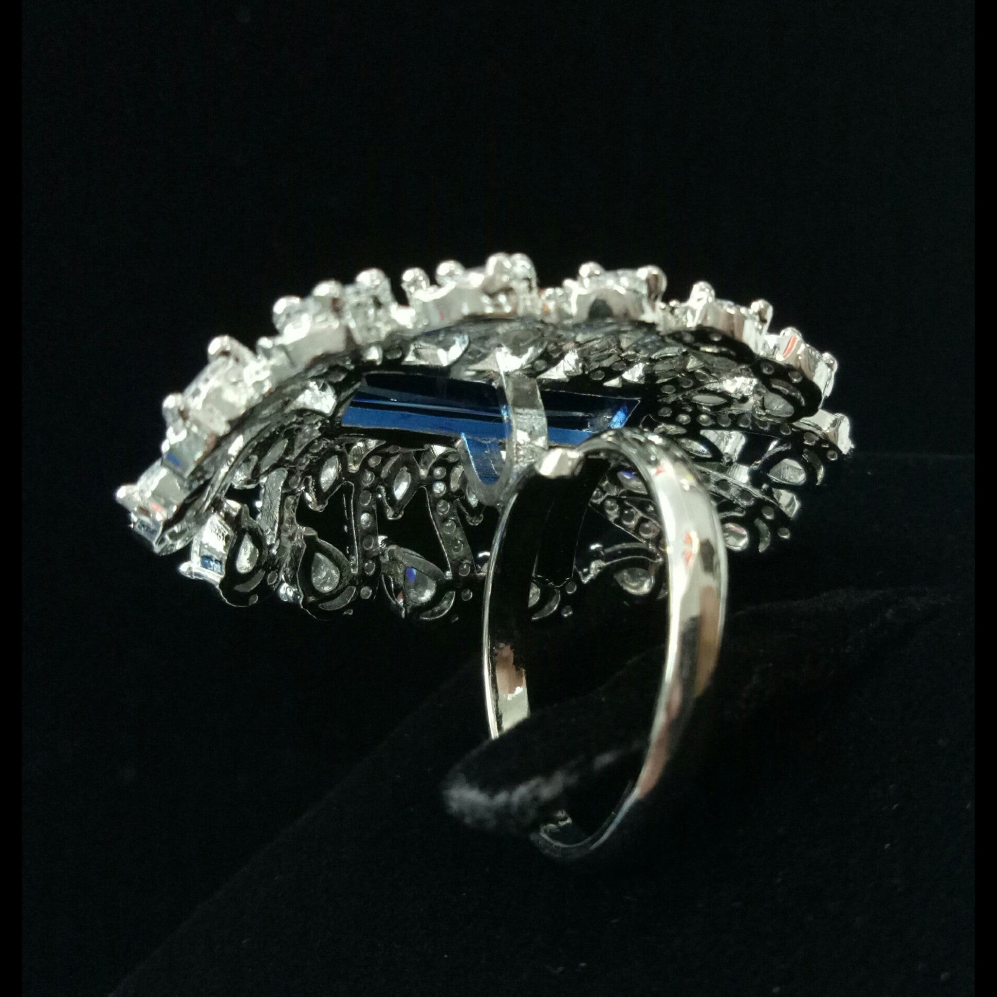 Silver Plated Sapphire Blue Adjustable CZ Cubic Zirconia Unique Design Shape Imitation Ring Indian Bridal Wedding Bijoux