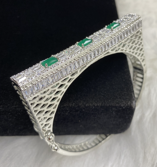 Silver Plated Dark Green Stone Bangle Size 2.4 Openable Evening Cocktail Imitation Jewelry Indian Wedding Bridal Necklace Set Bijoux