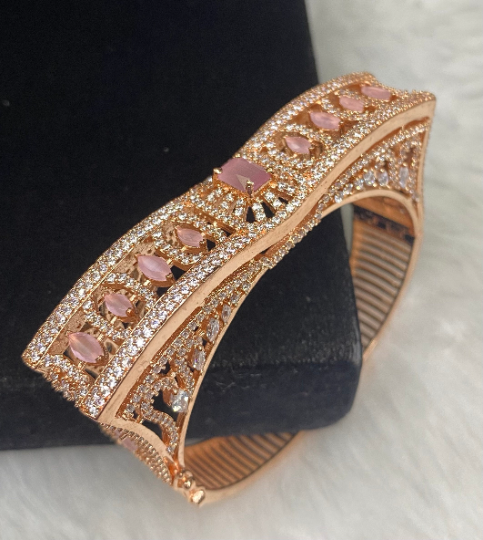 Rose Gold Plated Pink Stone Bangle Size 2.2 Openable Evening Cocktail Imitation Jewelry Indian Wedding Bridal Necklace Set Bijoux