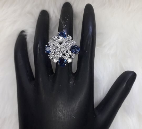  Silver Plated Blue Sapphire Clear Adjustable CZ Cubic Zirconia Unique Design Shape Imitation Ring Indian Bridal Wedding Bijoux