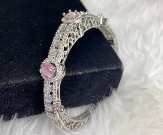 Silver Plated Pink CZ Cubic Zirconia Bangle Size 2.4 Evening Cocktail Imitation Jewelry Indian Wedding Bridal Necklace Set