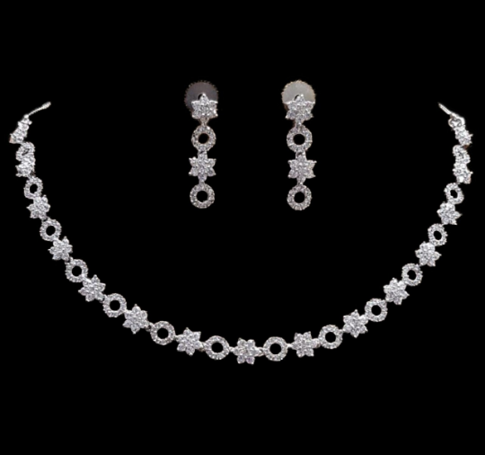 Silver Plated Clear Designer CZ Cubic Zirconia Artificial American Diamond Indian Wedding Bridal Necklace Earrings Handmade Bijoux