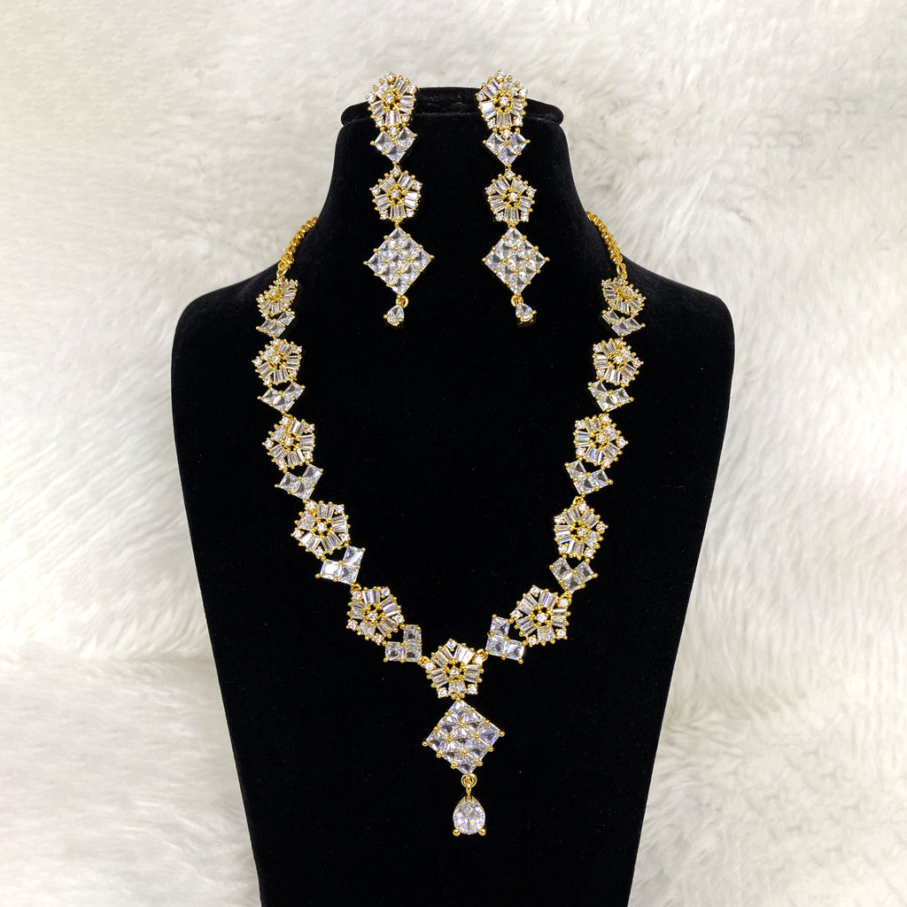 Gold Plated Clear Designer CZ Cubic Zirconia Artificial American Diamond Indian Wedding Bridal Necklace Earrings Handmade Bijoux